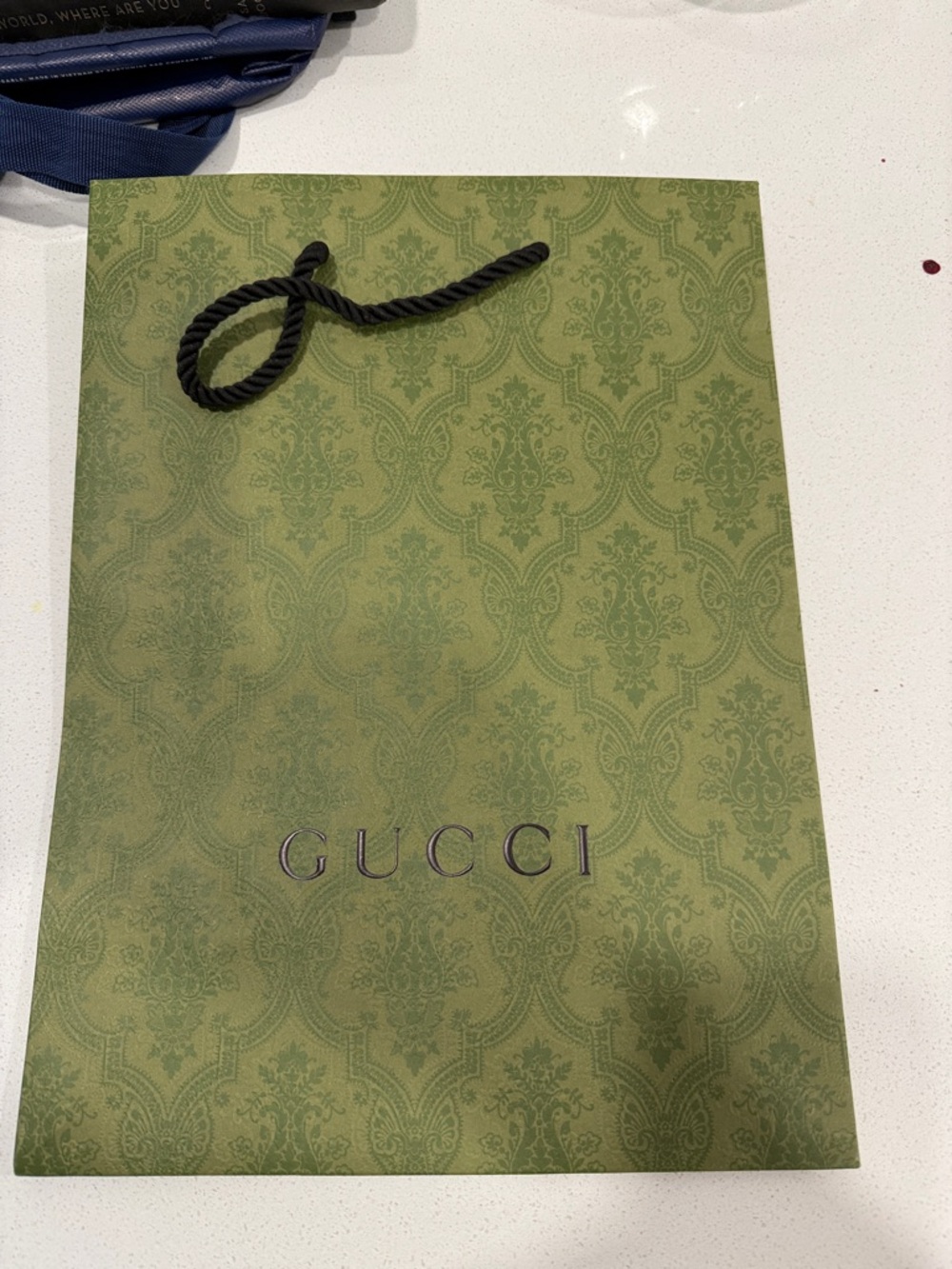 Gucci Olive Green Damask Logo Gift Bag with Black Rope Handles